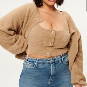 Good American Tan Fuzzy Soft Stretch Fall Cozy Cropped Cardigan Size 5